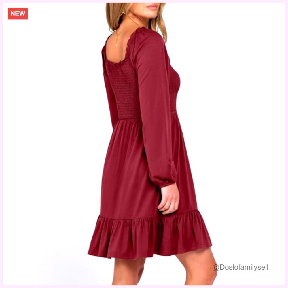 Long Sleeve Square Neck Smocked Dress High Waist Tiered Ruffle Swing - Picture 4 of 7
